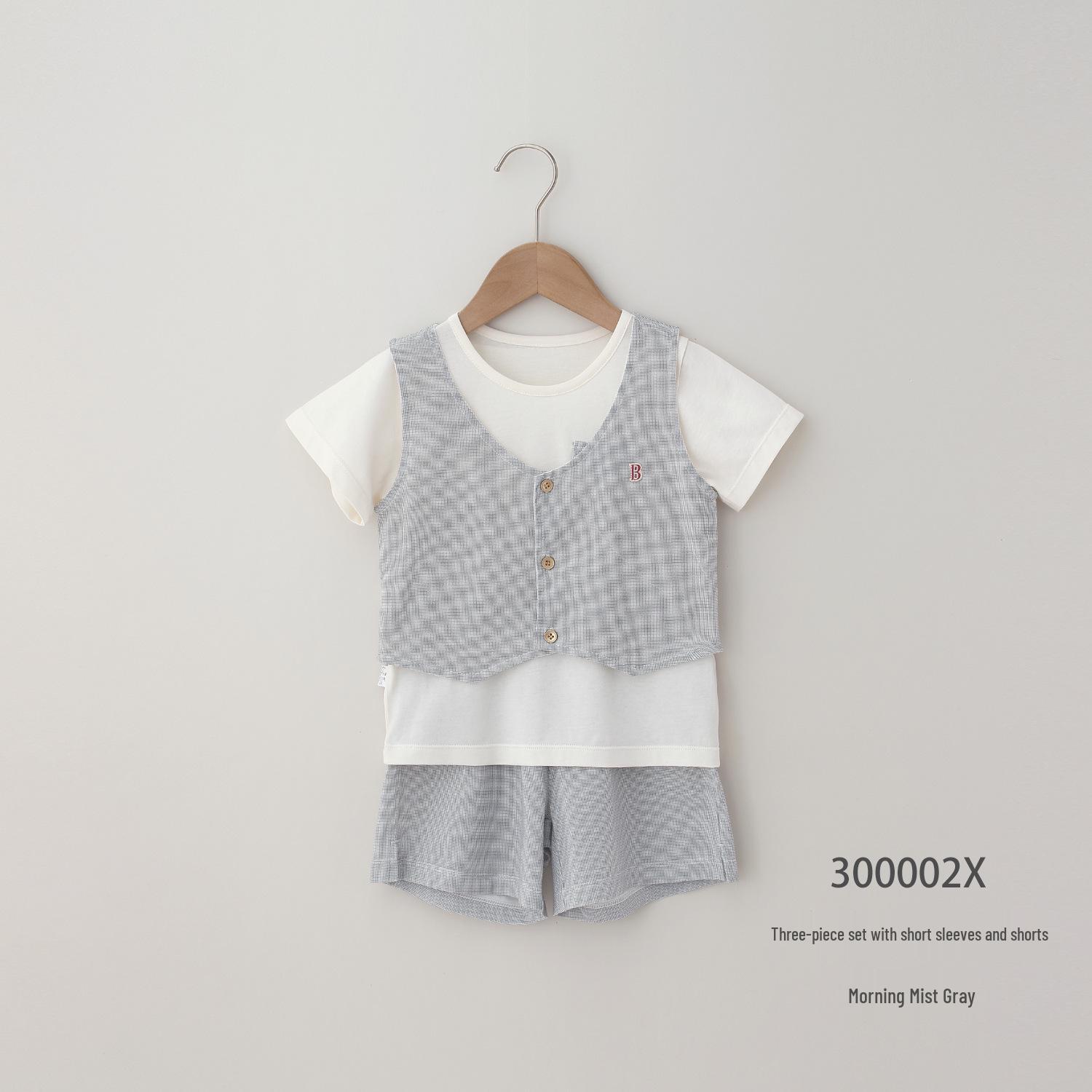 Ouyuan British Style Children s Cotton Vest Set - Summer Casual 3-Piece Short-Sleeve Outfit 90 cm