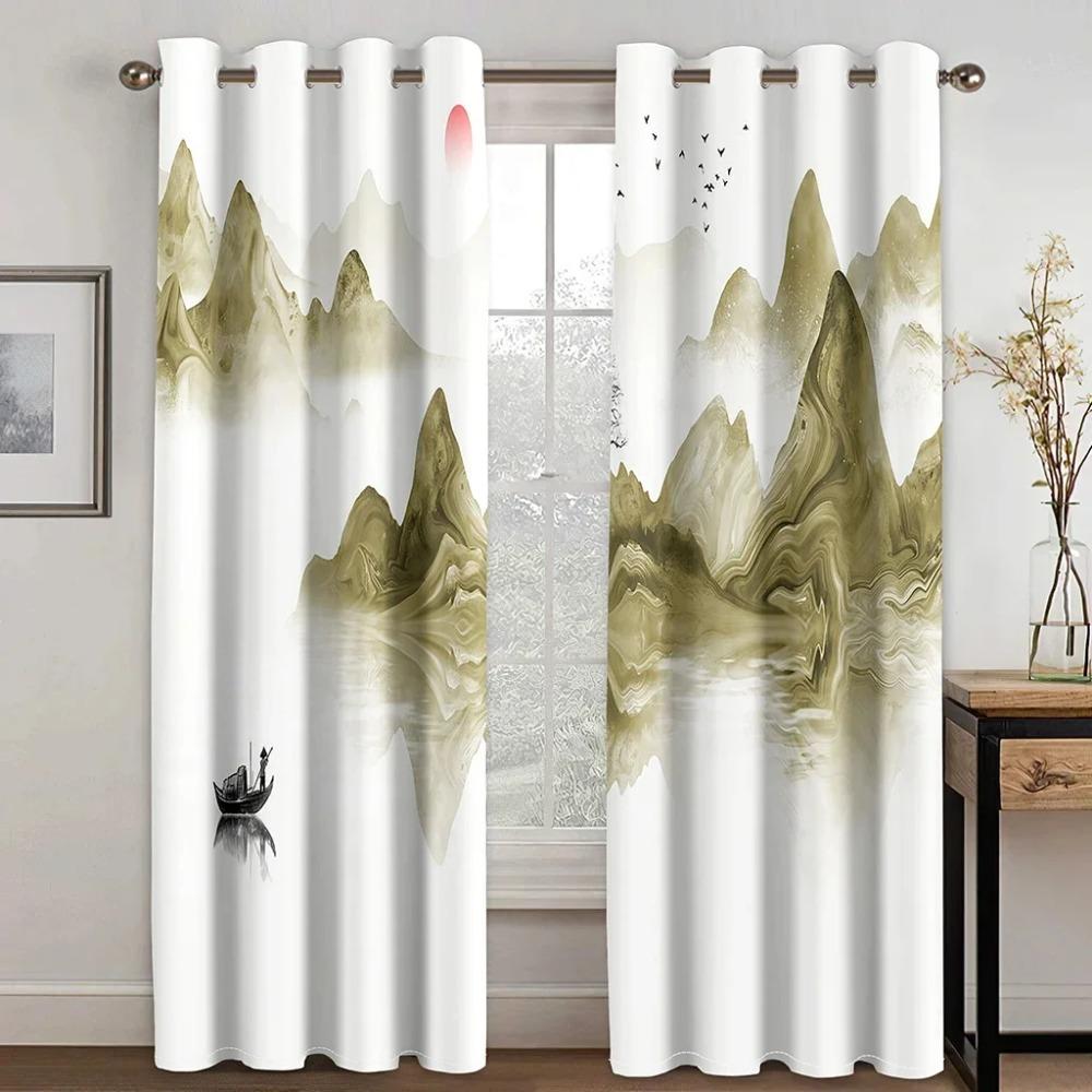 Japanese Style Chinese Painting Landscape Cloud High Shading Curtain for Bedroom Living Room Hotel Window 2 Pcs Blackout Drape