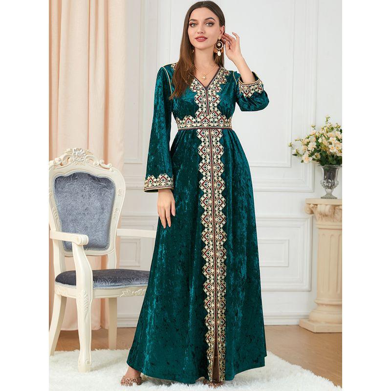 

2023 Разрез Длинный Рукав Осень и Зима Женская Одежда Вышивка Золотой Вельвет Индонезия Ближний Восток Пояс Длинное Большого Размера Платье Платье Green 2XL