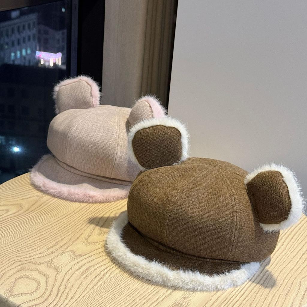 New autumn and winter cute cat-ear brown newsboy cap for women, versatile and face-slimming, trendy beret