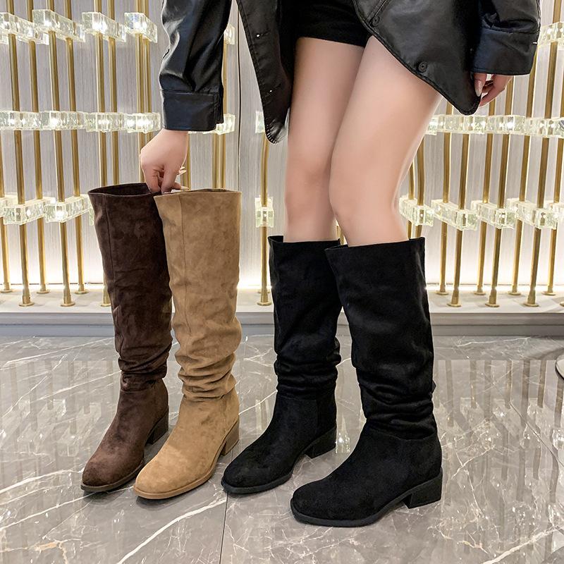 Stiefel aus Veloursleder Damen Ritterstiefel Retro Wildleder Dicke Ferse Quadratische Spitze 2025 neue geraffte kniehohe Stiefel Kinder