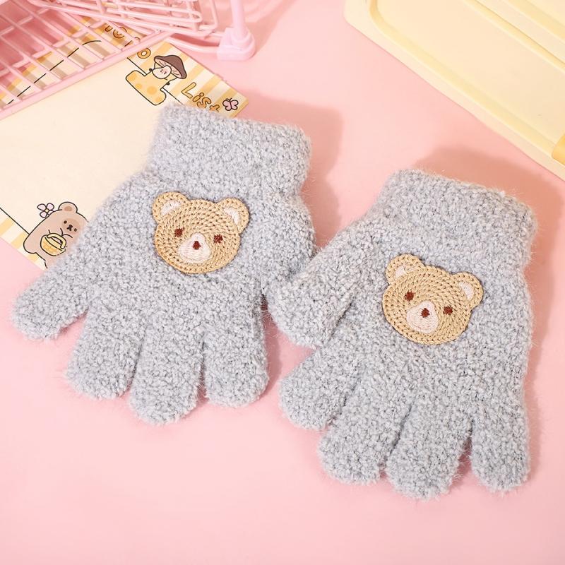 Fashion Bear Baby Fluffy Gloves Cartoon Pattern Gloves Solid Color Full Finger Knitted Mittens Girls