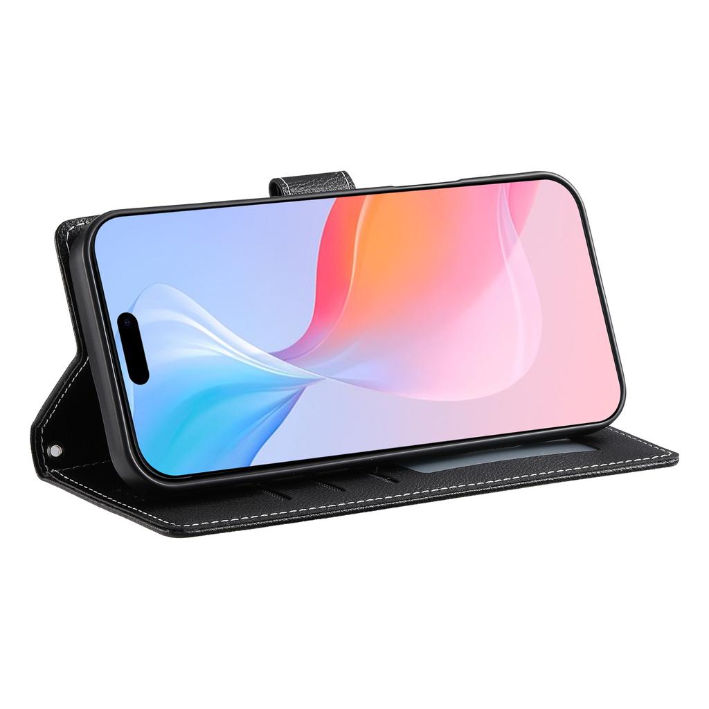 DF-012 Für iPhone 16 Pro Hülle Leder mit Litschi-Textur Brieftasche Ständer Handyhülle