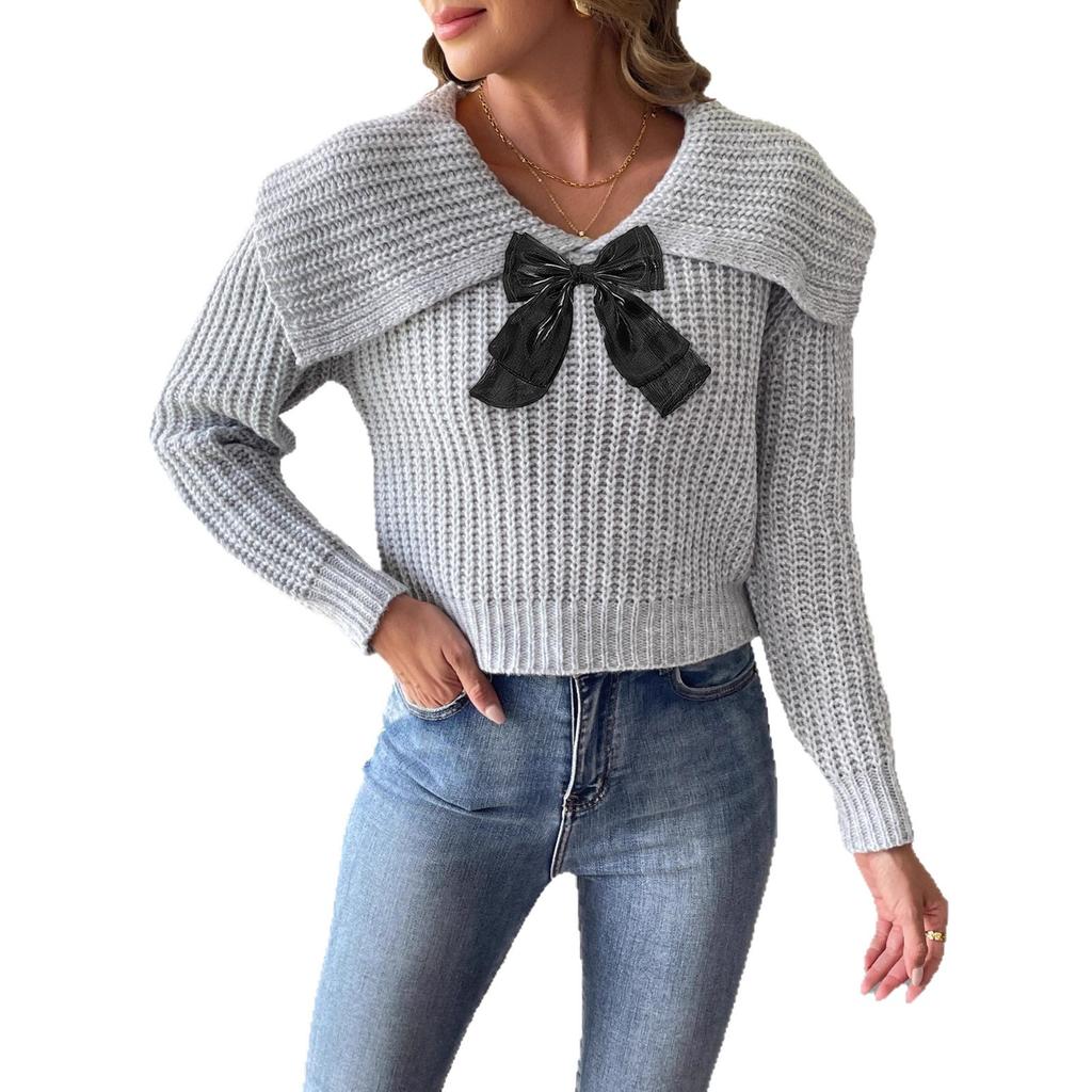 Women's Short Top Sweater for Autumn and Winter with A Large Lapel and Bow Tie Patchwork Pullover Sweater