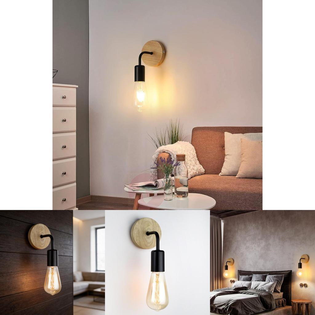 Modern Minimalist Iron Wall Lamp With Wooden Base For Bedroom Living Room Decor
