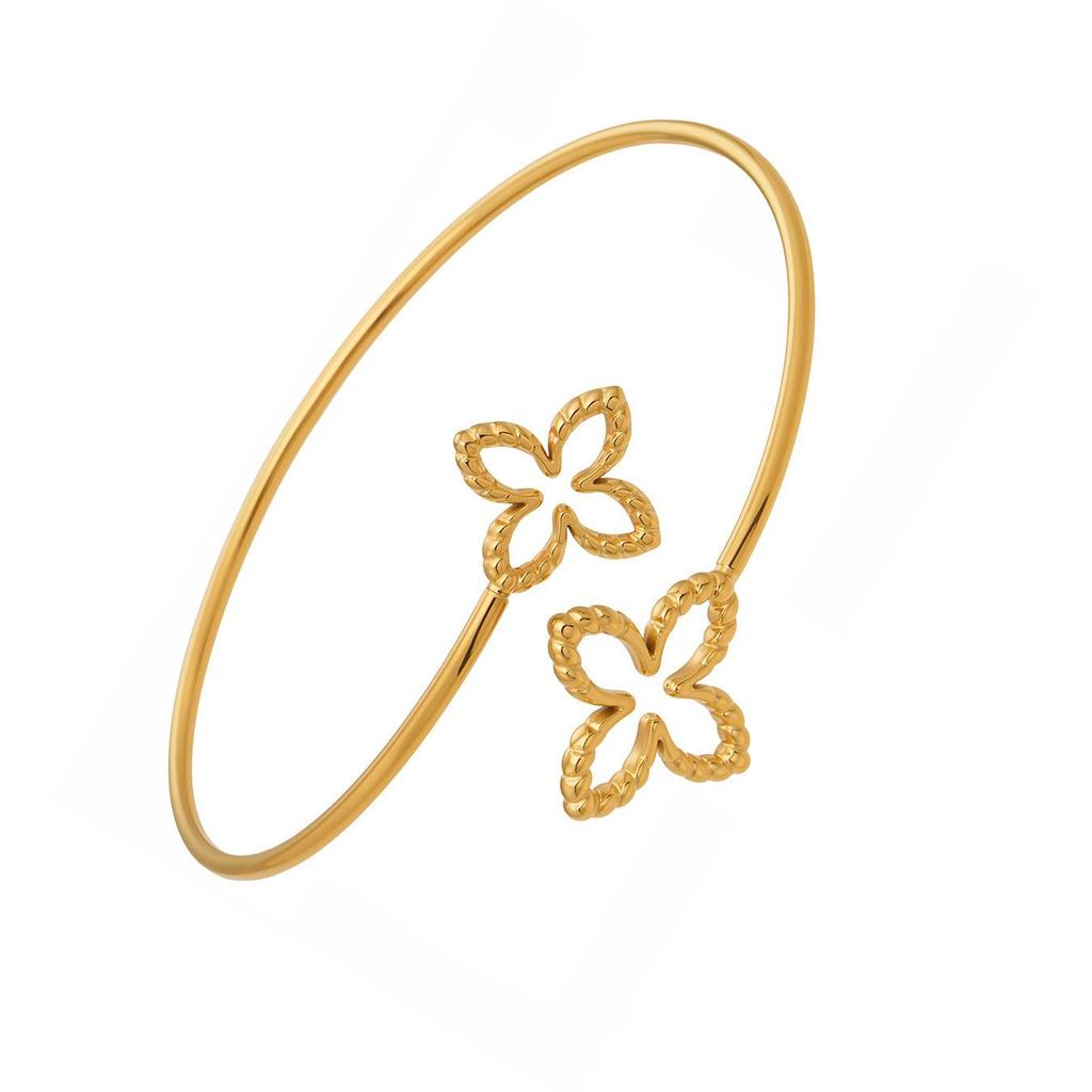 Elegant Double Flower Open Bracelet, 18k Gold-Plated Stainless Steel