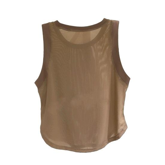 

Women Vest Solid Color Loose Fit Sleeveless Tops Round Neck Mesh Yarn Splicing Thin Yoga Sport Tops Daily Wear S хакі