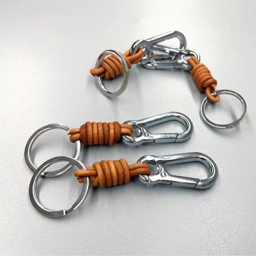 Retro Alloy Cowhide Keychain with Hand-Woven Belt - Men's Business Gift Key Ring for Car and Mountaineering Enthusiasts