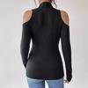 Elegant Women's Solid Color Pit Free Zipper Stand Collar Off-shoulder Long-sleeved T-shirt Slimming Top