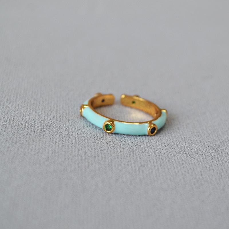 Handmade Enamel Bamboo Zircon Ring - Japanese and Korean Design, Delicate, Colorful, Stackable, Open, Simple and Exquisite