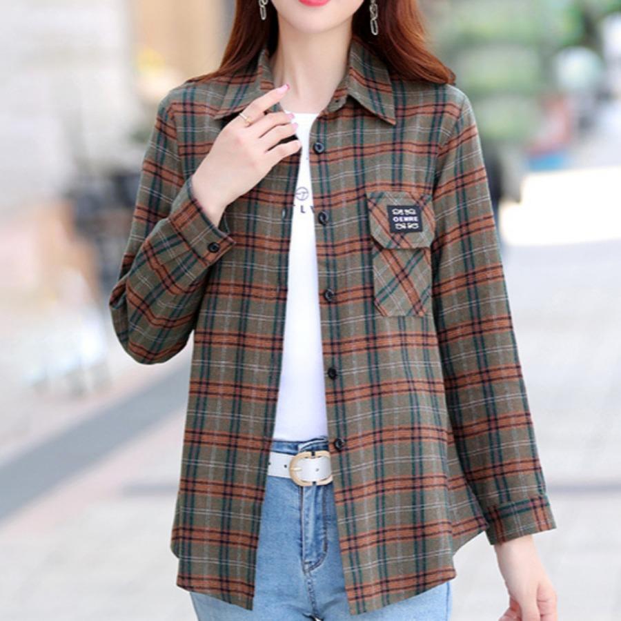 Checkered Long Sleeve Cotton Shirt for Women Fashionable Middle-aged Mother Spring Summer Trendy Casual Shirts Top