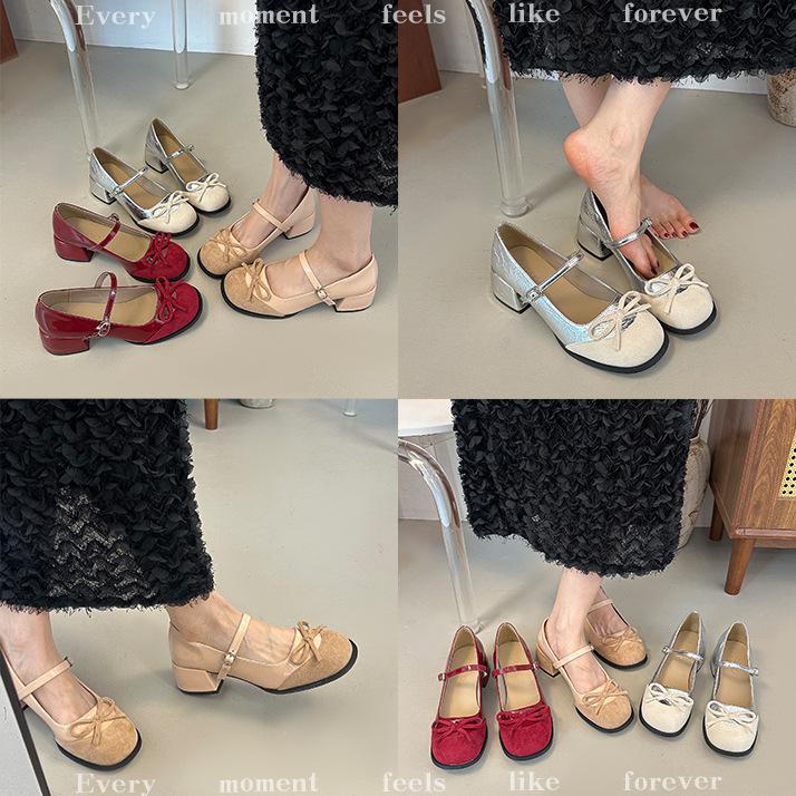 French Retro Color Matching Thick Heel Increased Mary Jane Shoes Women's 2025 Summer New One-word Buckle with Bow Single Shoes