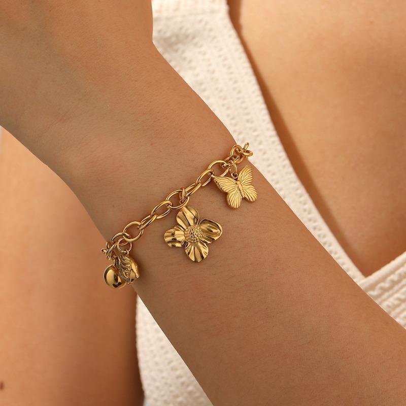 Gold Multi Charm Paperclip Chain Bracelet with Heart Butterfly and Flower