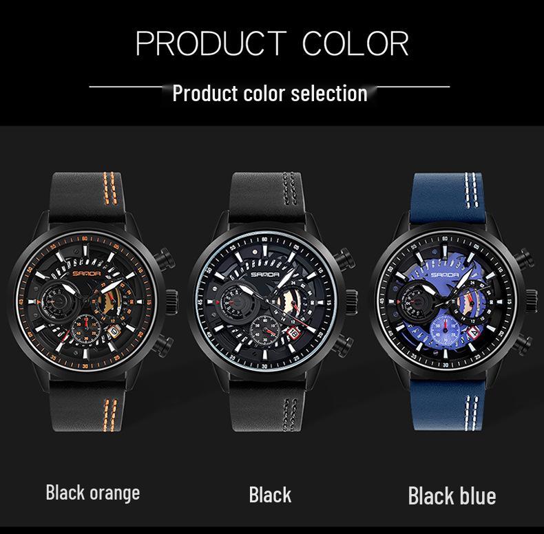 Sanda Cool Large Dial Six-Needle Waterproof Men's Watch with Genuine Leather Strap - Trendy and Fashionable Design.