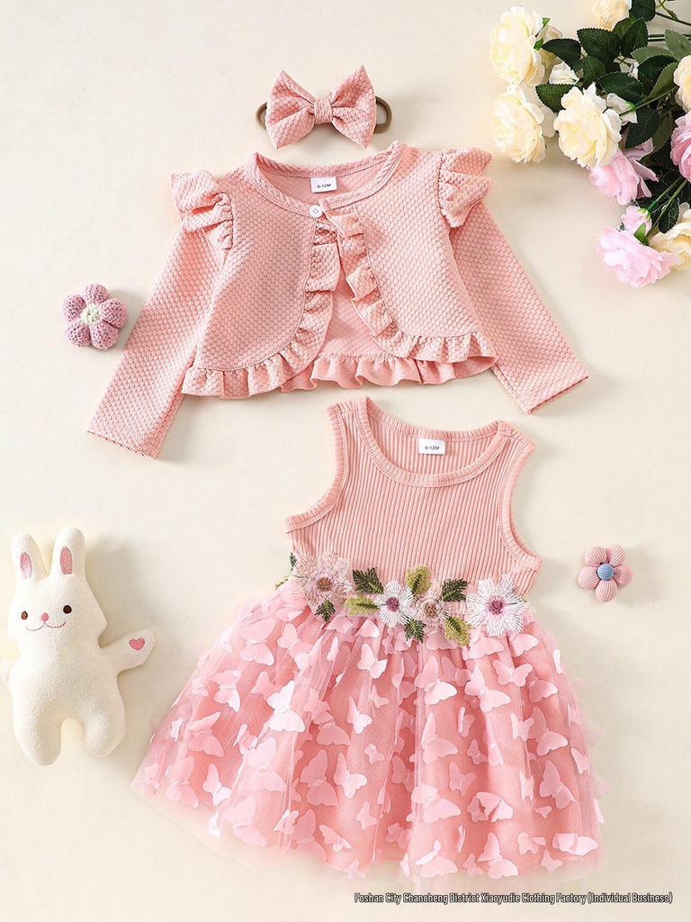 Bezrukávové šaty pre batoľatá dievčatá s kvetinovým patchworkom, sieťovanou sukňou s motýľmi a čelenkou