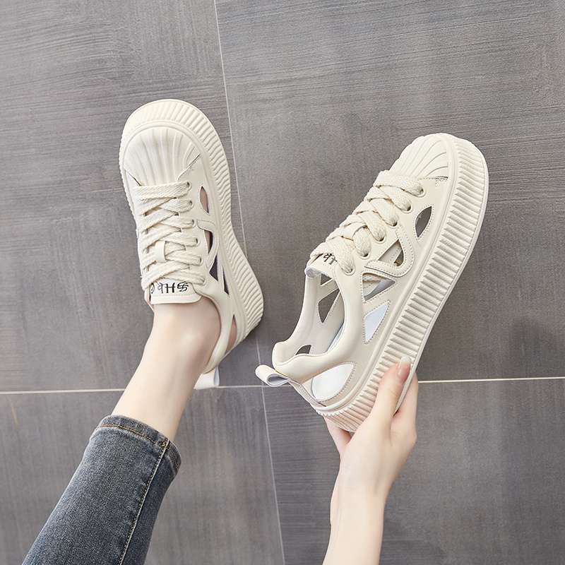 

Маленькие белые туфли женские 2025 лето новые дышащие спортивные кеды корейская версия универсальные повседневные нескользящая мягкая подошва полые сандалии 56 бежевый