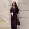Two-Piece Set V Neck Tie Waist Blouse and Wide Leg Pants
