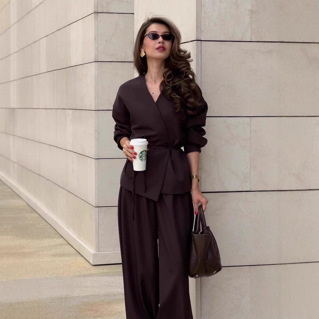 Two-Piece Set V Neck Tie Waist Blouse and Wide Leg Pants