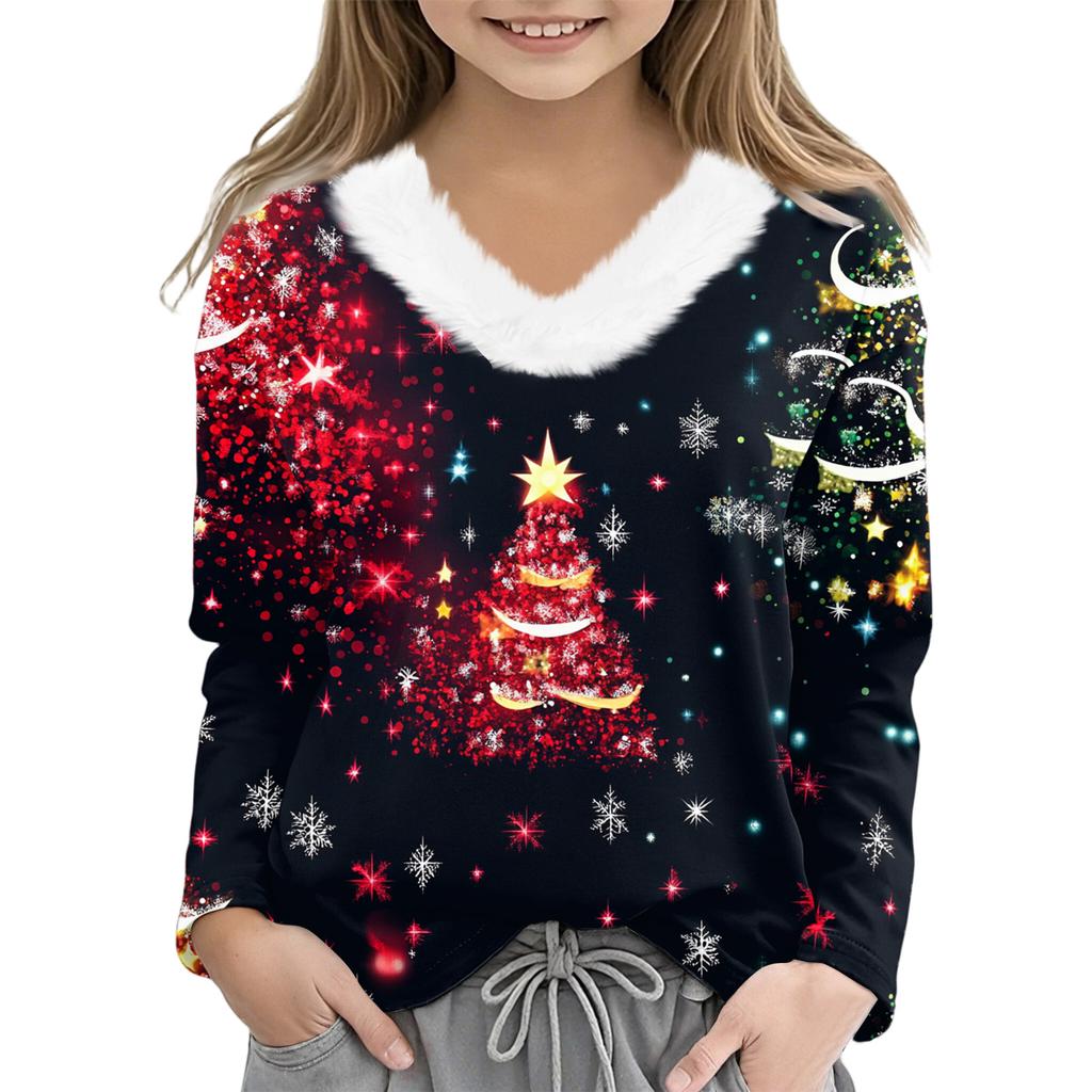 Christmas Day Girls Long Sleeve T Shirts Kids  Girls' V-Neck Tee Christmas Print Long Sleeve Top