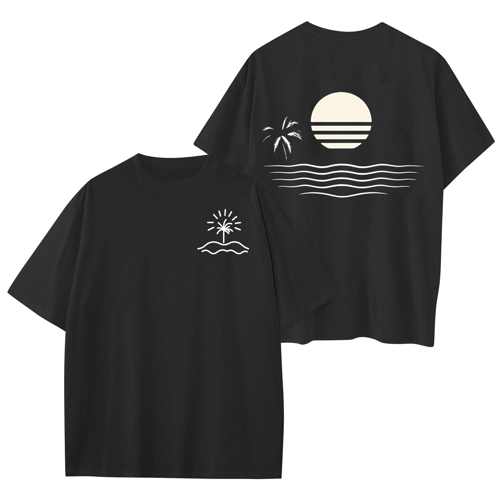 

Женский круглый вырез модный свободный гавайский принт короткие рукава S чёрный