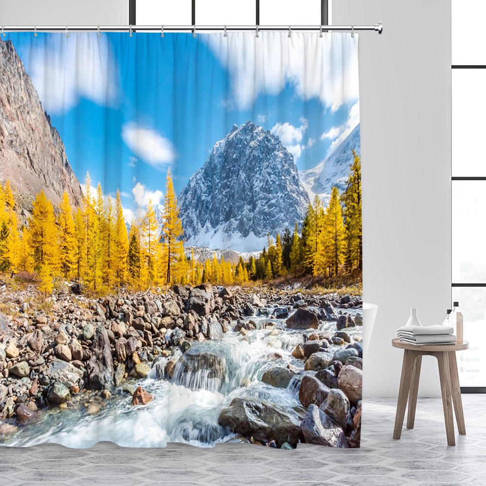 Herbstwald Duschvorhänge Rote Ahornbäume Fallende Blätter Straße Herbstlandschaft Stoff Heim Badezimmer Vorhang Dekor Mit Haken