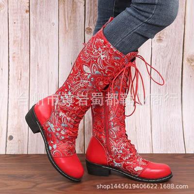 Autumn and Winter New Embroidery Splicing Boots Women Embroidery Side Zipper High Boots High Boots Women