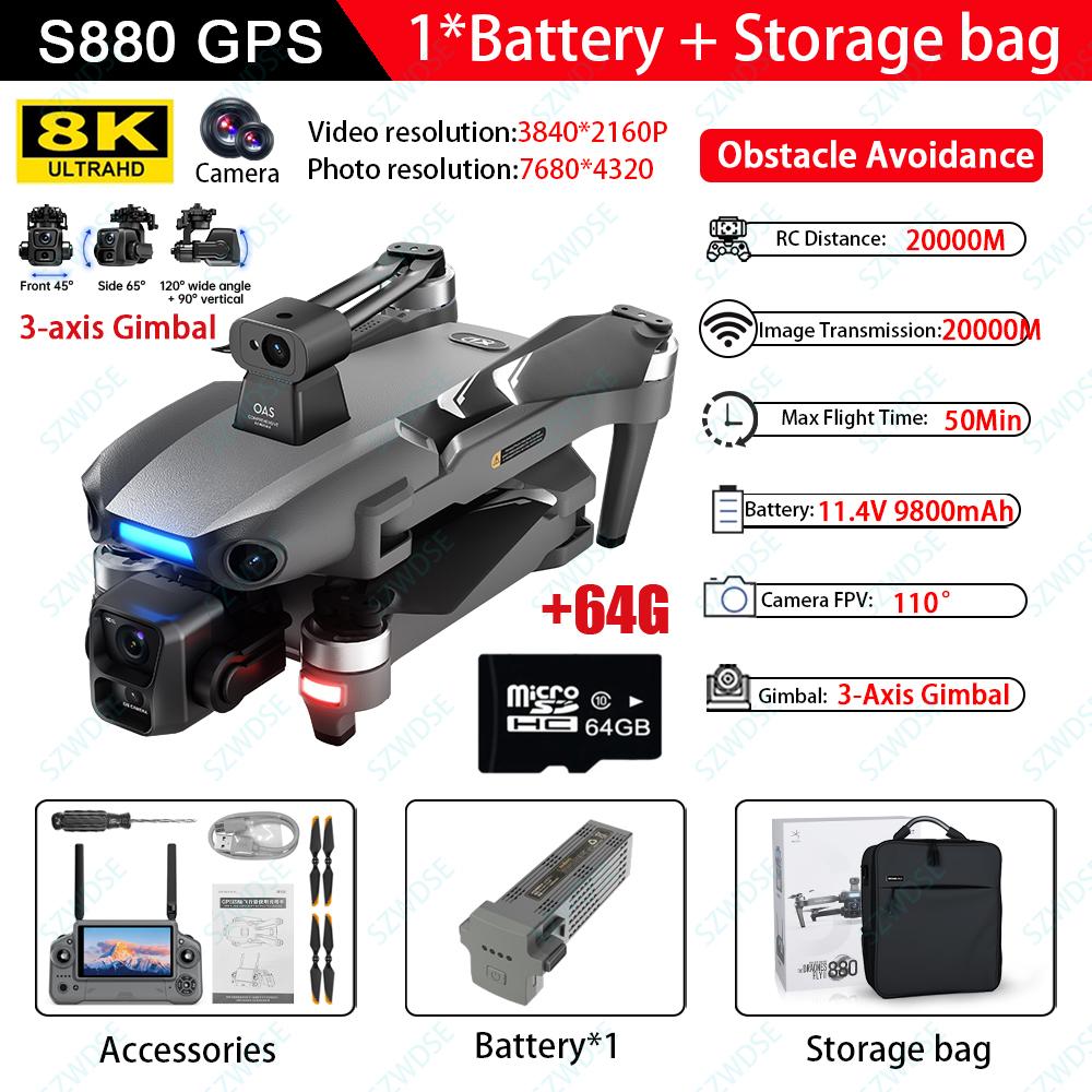 S880 GPS Drone Follow-up Shooting 3-Axis Gimbal Brushless Laser Obstacle Avoidance 5G Image Transmission Comes with Air Dropper