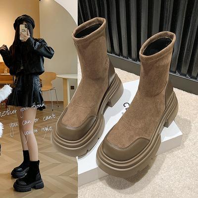 Moda Botas Martin Elásticas Femininas Outono 2025 Novo Retrô Versátil Botas Curtas Justas Salto Grosso Botas Justas
