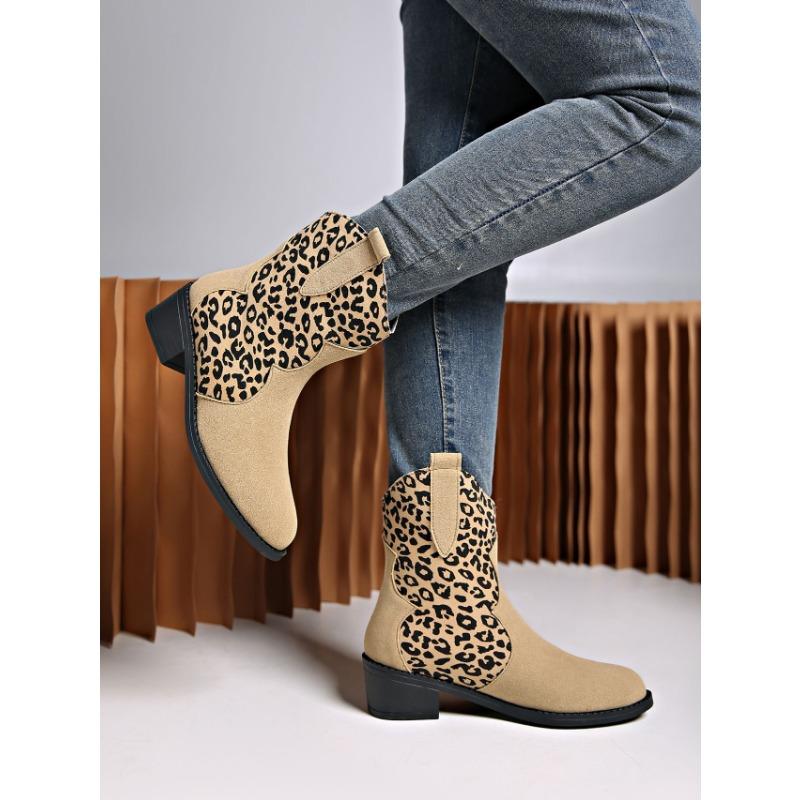 Women's Plus Size Mid Heel Women's Boots Autumn and Winter New Leopard Print Block Heel Martin Boots Pointed Mid Leg Boots