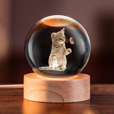 IFOLAINA 3D Cat Crystal Ball Birthday Present Cute Cat Crystal Ball Women Popular Gift Stylish Bedside Lamp Diameter 60mm Cat Crystal Ball Indirect