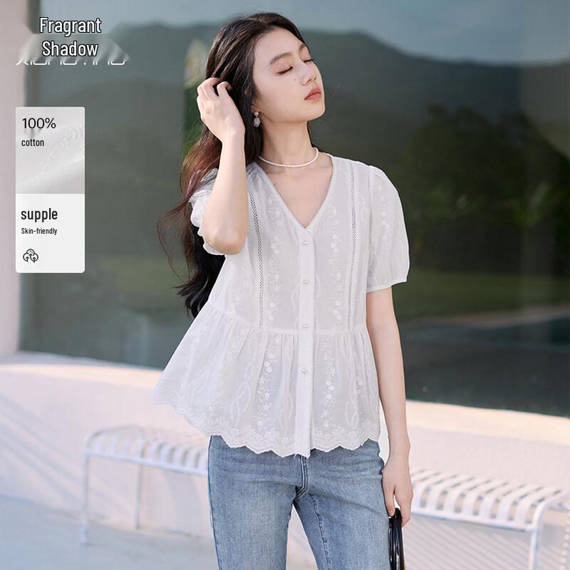 Xiangying Women s V-Neck Embroidered Puff Sleeve Cotton Top XL