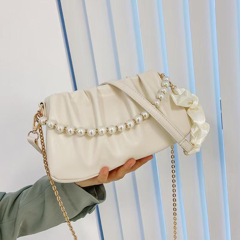 Fashion Foreign Style Cloud Bag Pearl Underarm Bag Pleated Bag Women'S Chain Clutch Bag Oblique Span Shoulder Bag