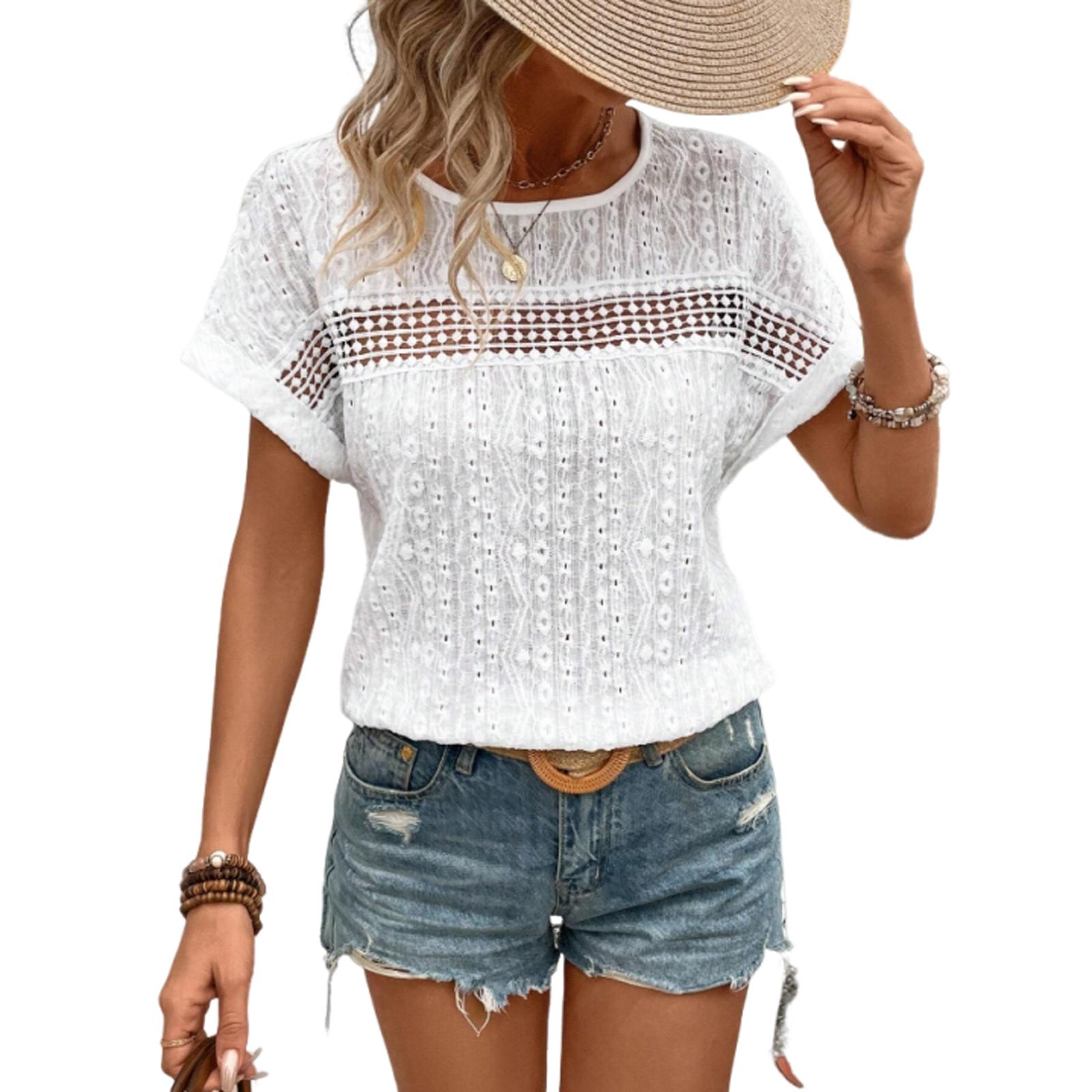 

Женская модная повседневная футболка весна/лето с кружевным вырезом и круглым вырезом и рукавом «летучая мышь» XL белый