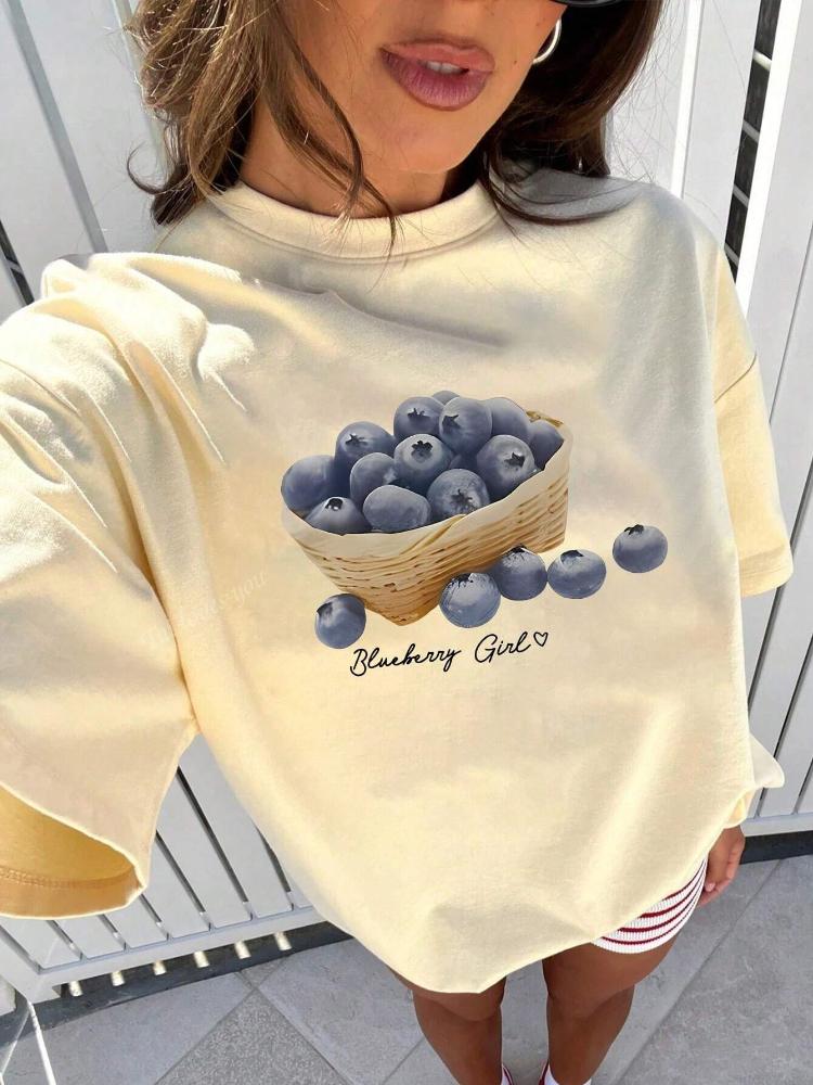 New Minimalist Blueberry Print Women's Short-sleeved Round Neck T-shirt, Casual and Versatile Graphic Top/T-shirt.Personality