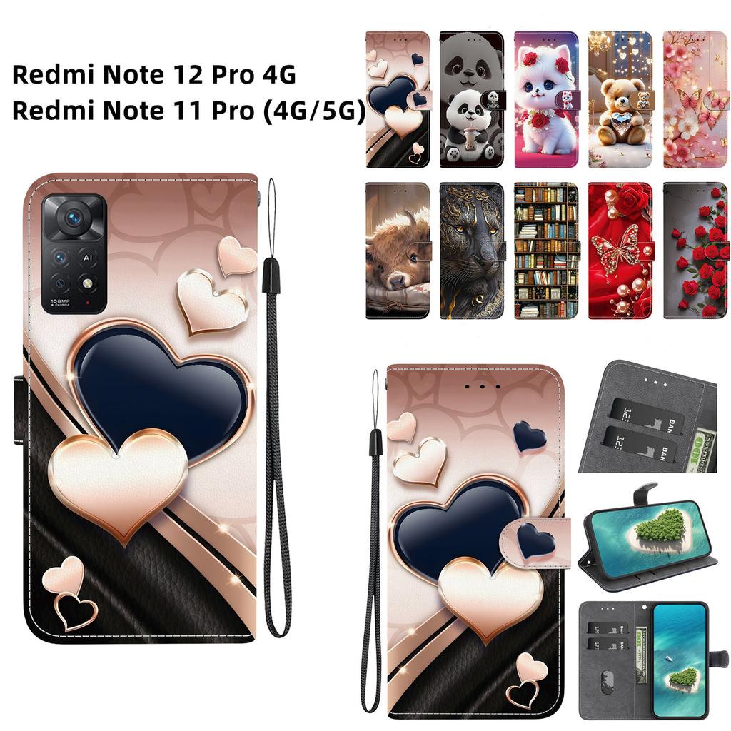 Handmade PU Leather Flip Case for Redmi Note 12 Pro 4G/ Redmi Note 11 Pro (4G 5G) Anti-Slip Shockproof Cover with Wrist Strap & Heart/Rose Cat Designs