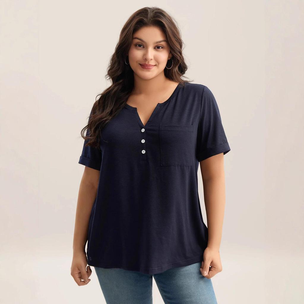 Großformat Damen V-Ausschnitt Knopf Kurzarm Einfarbig Lässig T-Shirt