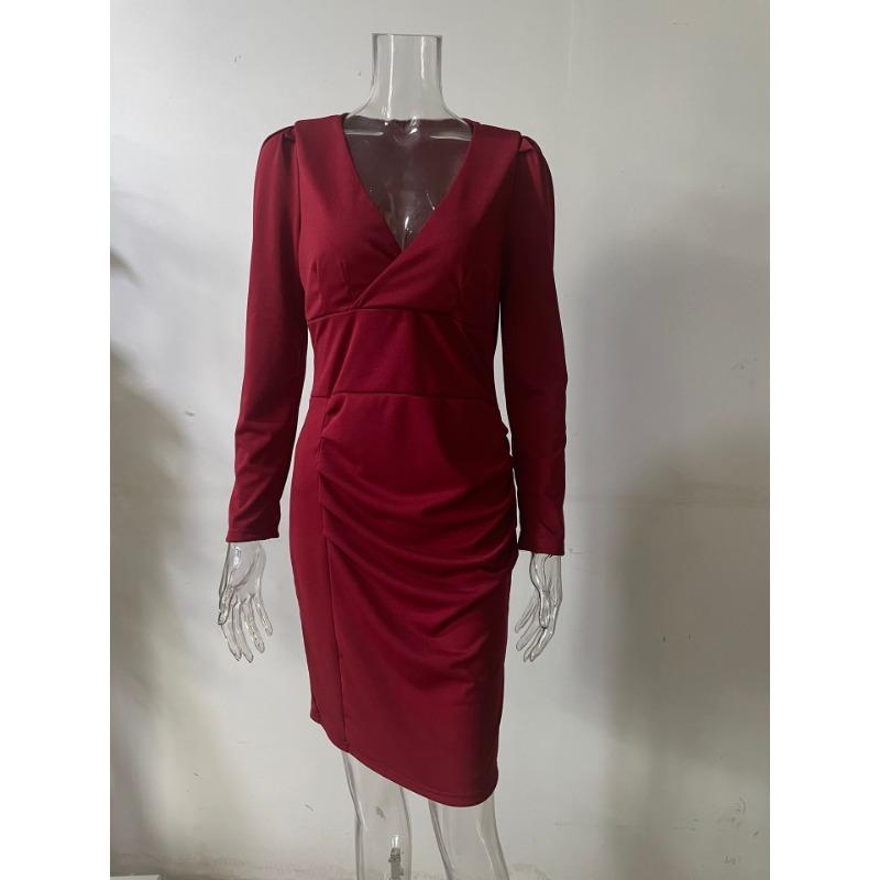 Frühling und Herbst Damen Kleid V-Ausschnitt Sexy Mode Temperament Pendler Taille Kleider