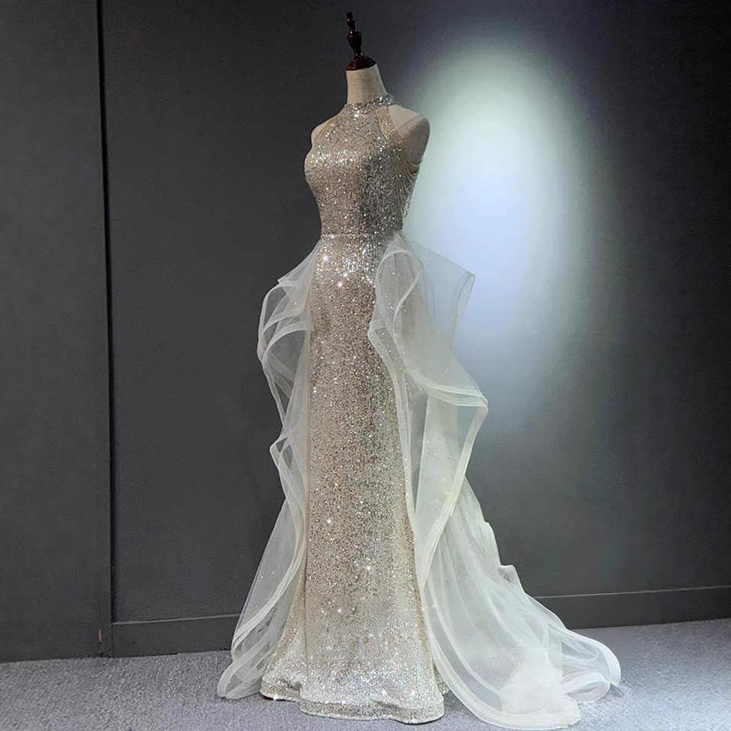 Silver and white bar mitzvah evening dress new light luxury niche birthday engagement party sequined fishtail dress
