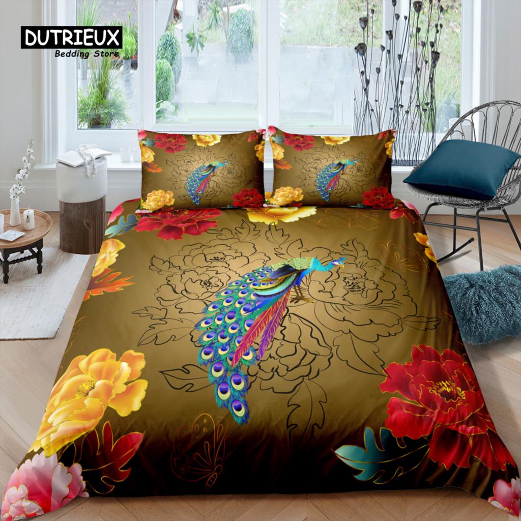 Home Living Luxury 3D Peacock Bedding Set Flower Leaves Duvet Cover Pillowcase Queen and King EU/US/AU/UK Size Comforter Bedding