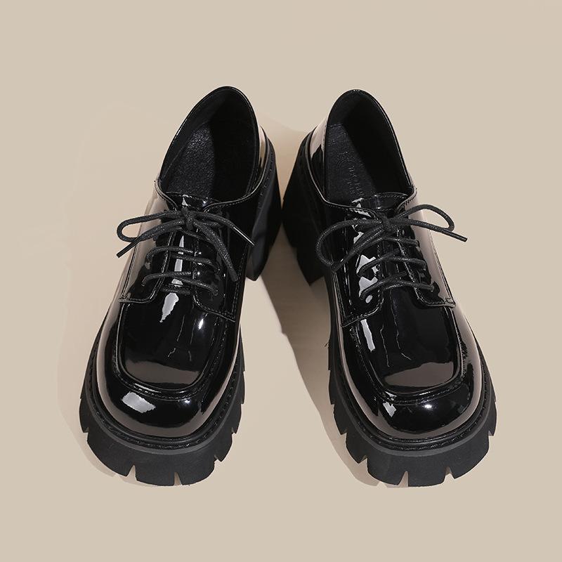 3-3 Thick-soled Muffin Small Leather Shoes for Women, Patent Leather Retro Lace-up Round Head Thick Heel Single Shoes for Women