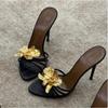 2025 Women Black Gold Genuine Leather Gold Metal Flower Open Toe Shallow Slip On  Stiletto Heel Slide Slippers Sandals