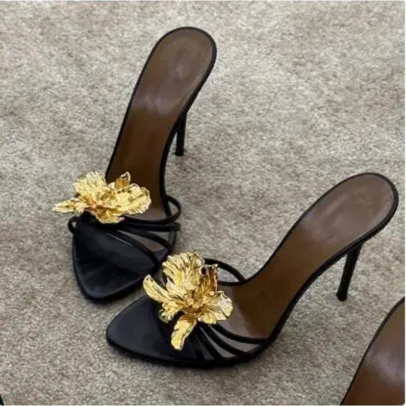 2025 Women Black Gold Genuine Leather Gold Metal Flower Open Toe Shallow Slip On  Stiletto Heel Slide Slippers Sandals