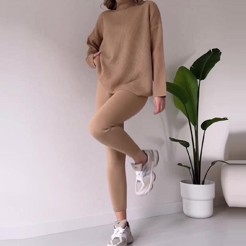 2023 Autumn European & American Solid Color High Neck Long Sleeve Knitted Set