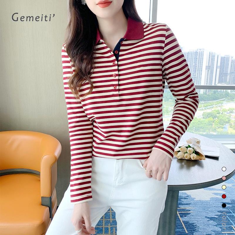 

Женские полосатые леггинсы с длинными рукавами и лацканами, женская повседневная рубашка-поло, топ