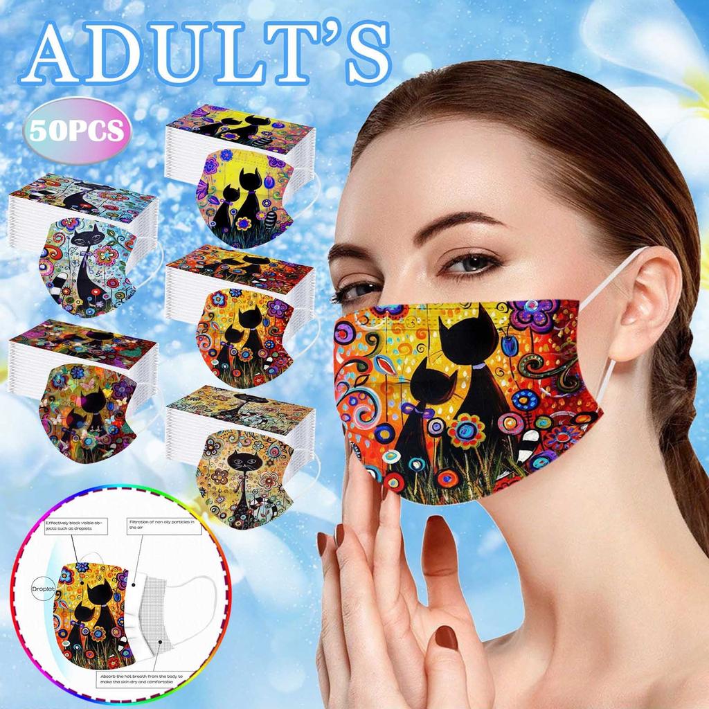 50PC Adult Flowers Cat Cartoons Printing Three-Layer Disposable Protective Mask