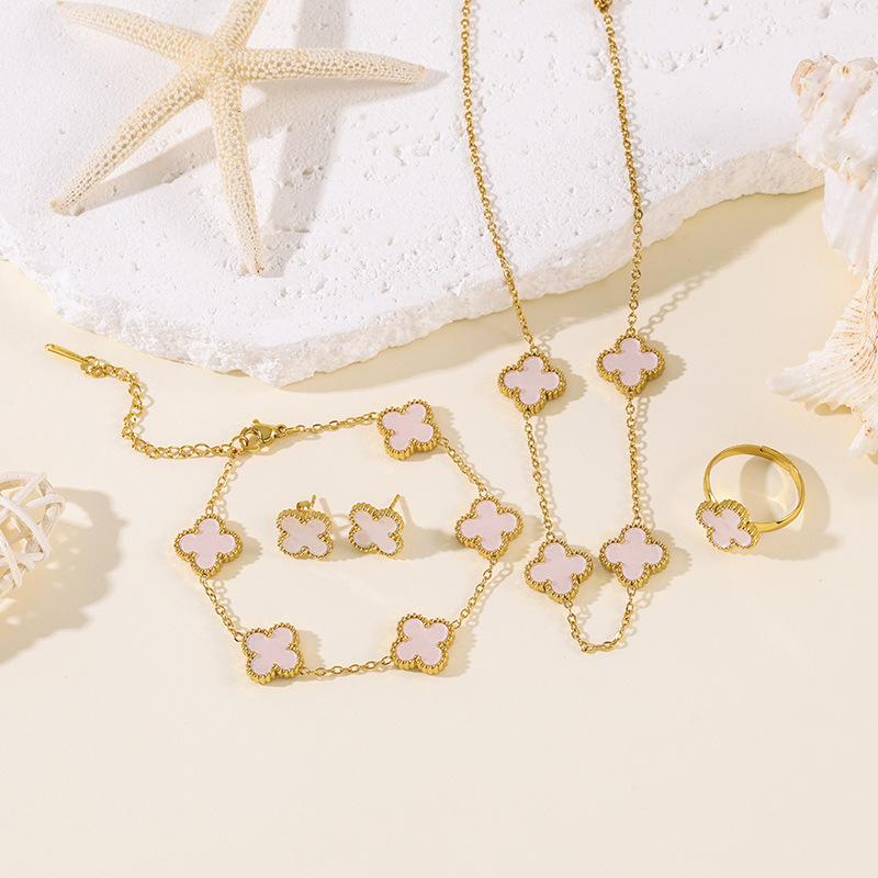 4pcs Four-Leaf Clover Four-Piece Set Including Necklace, Bracelet, Earrings and Ring, Versatile Lucky Five-Petal Fashion Jewelry