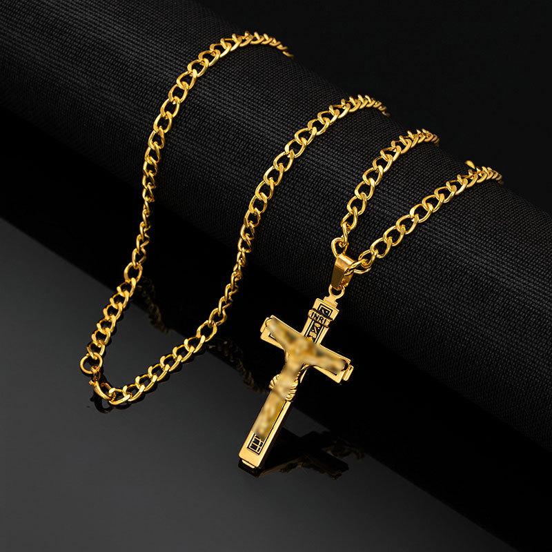 Embossed Cross Pendant Necklace for Men Titanium Steel Chain Hip Hop Sweater Chain Fashion Accessory