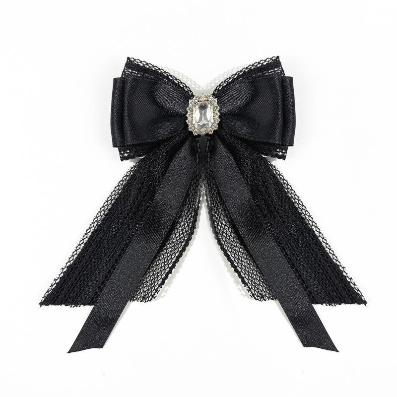 Schwarze Spitze Satinband Perlen Schleife Brosche Krawatte College Stil Damen Hemdkragen Pin Kleidung Dekoration Zubehör