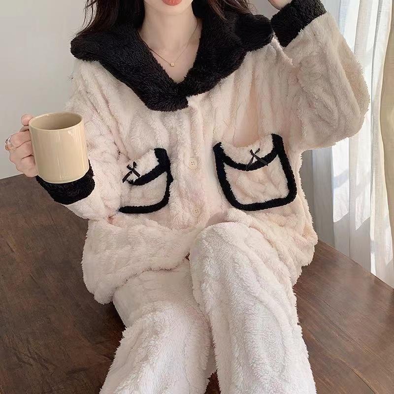 

Пижама из кораллового бархата во французском стиле, женский осенне-зимний кардиган с длинными рукавами, фланелевый костюм из двух частей XXL