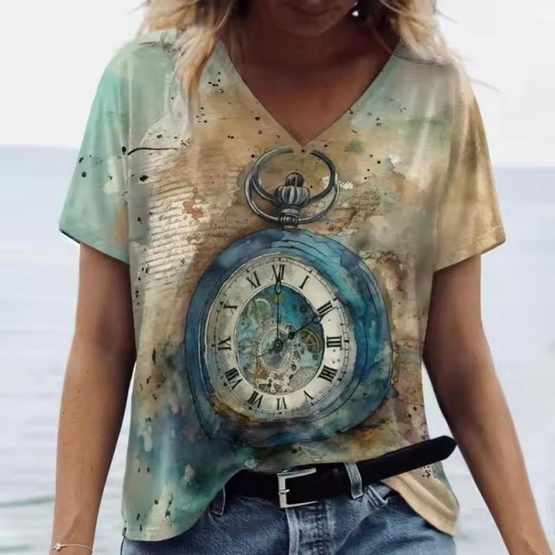 Tricou de damă cu imprimeu 3D, cu litere, cu mânecă scurtă, zilnic, de sfârşit de săptămână, tricou de bază pentru fete, cu decolteu în V, îmbrăcăminte pentru femei, topuri de vară supradimensionate